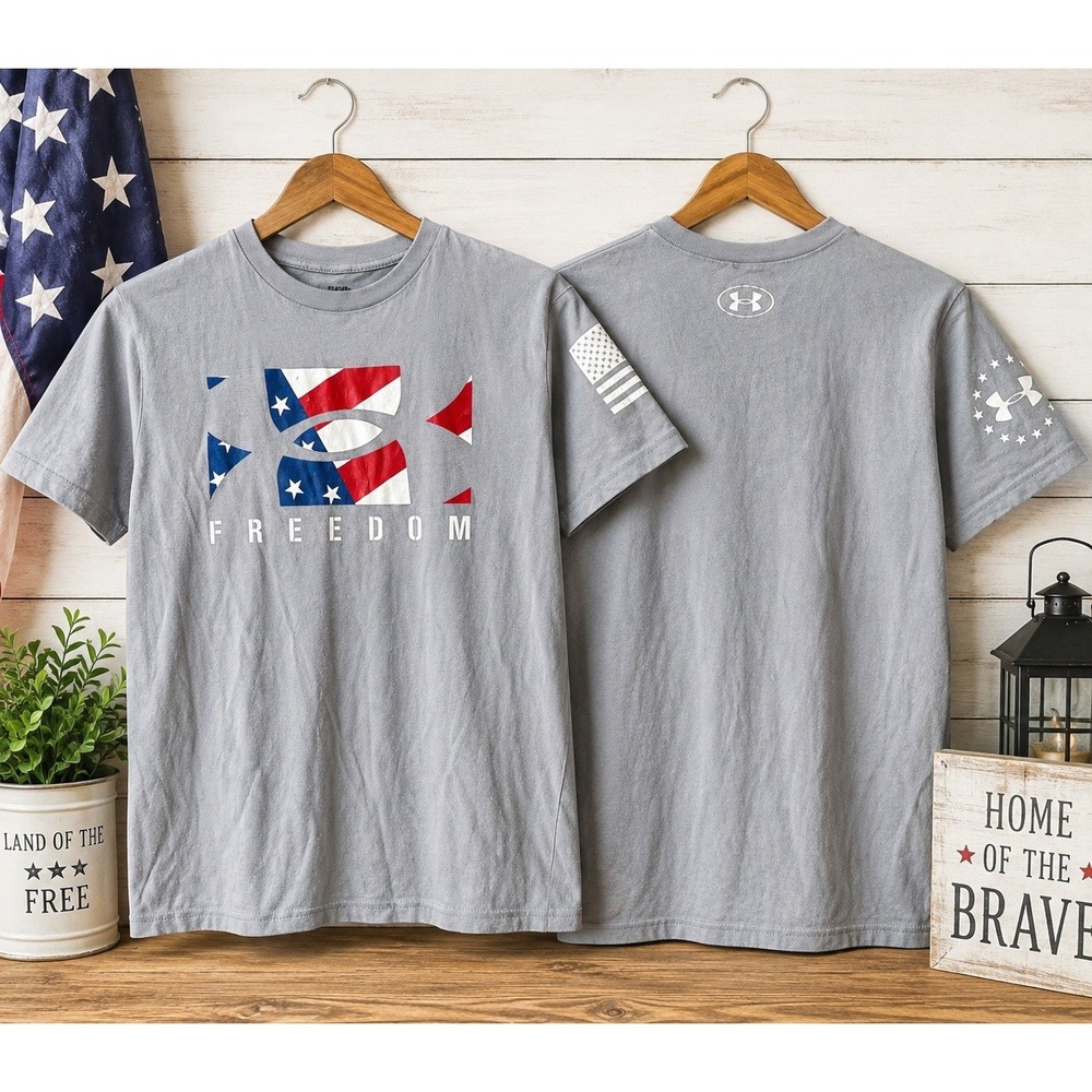 Under Armour Freedom Youth Medium Gray Patriotic American Flag Graphic T-Shirt